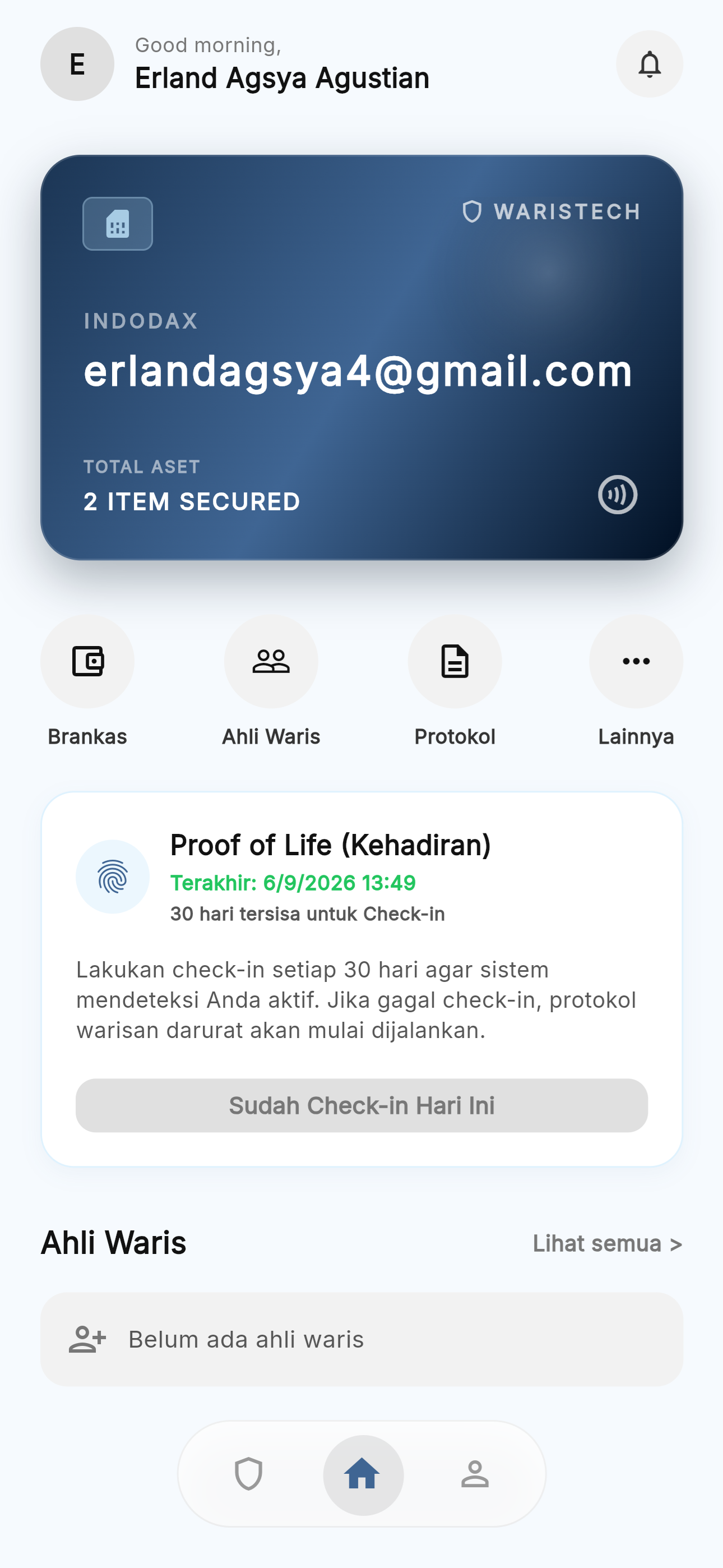 Tampilan dashboard brankas digital WarisTech